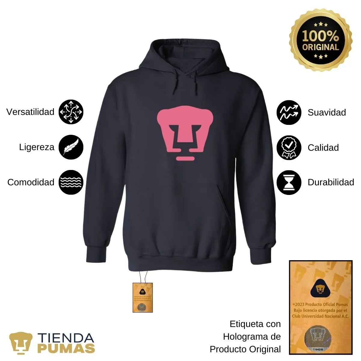 Sudadera Hombre Hoodie Pumas UNAM Logo Rosa Vinil