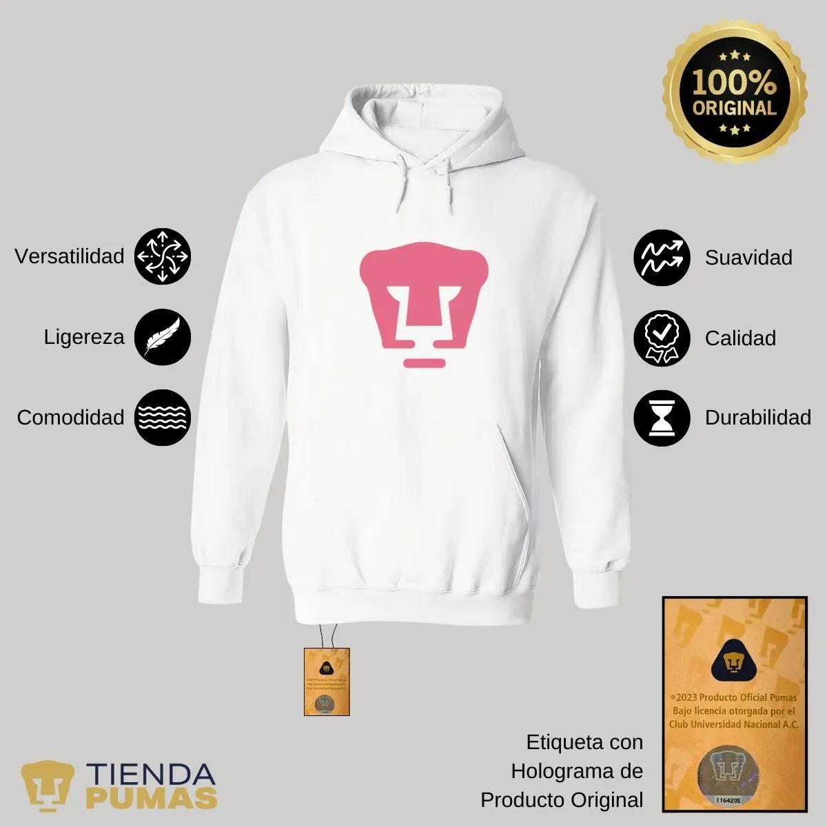 Sudadera Hombre Hoodie Pumas UNAM Logo Rosa Vinil