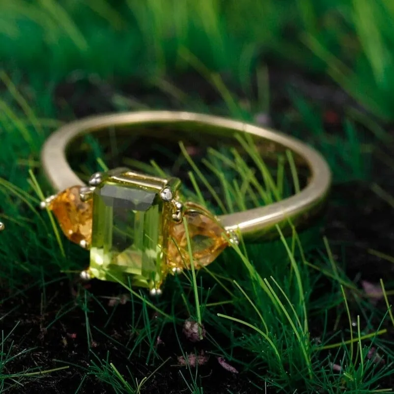 Three-Stone Heart Peridot & Citrine 14K Gold Filled 925 Silver Ring