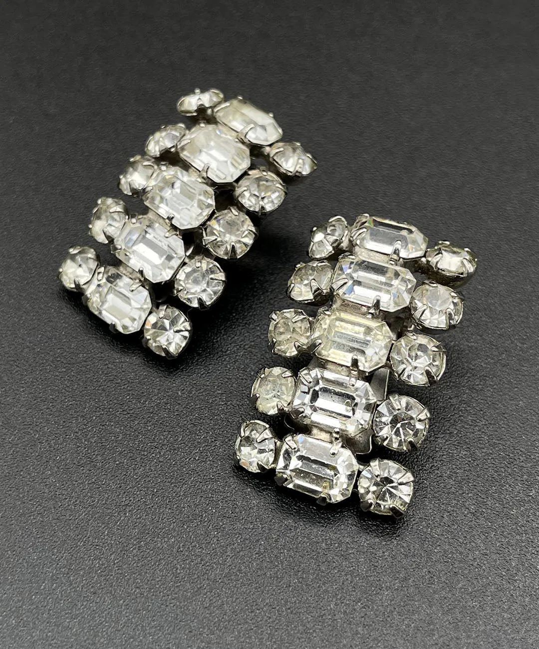 【USA輸入】ヴィンテージ クリア ビジュー レクタングル イヤリング/Vintage Clear Bijou Rectangle Clip On Earrings