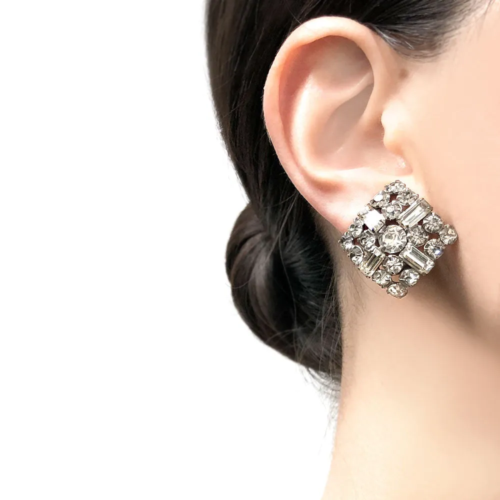 【USA輸入】ヴィンテージ クリアラインストーン スクエア イヤリング/Vintage Clear Rhinestones Clip On Earrings