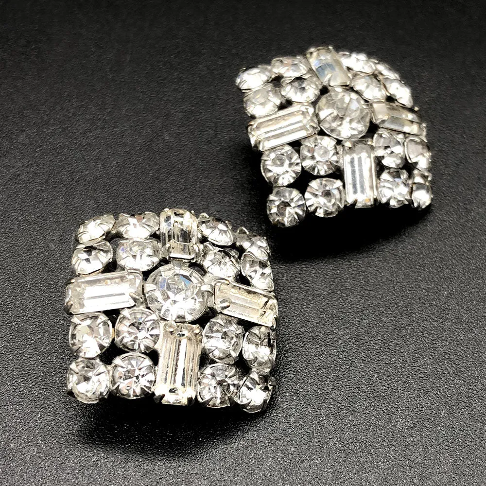 【USA輸入】ヴィンテージ クリアラインストーン スクエア イヤリング/Vintage Clear Rhinestones Clip On Earrings