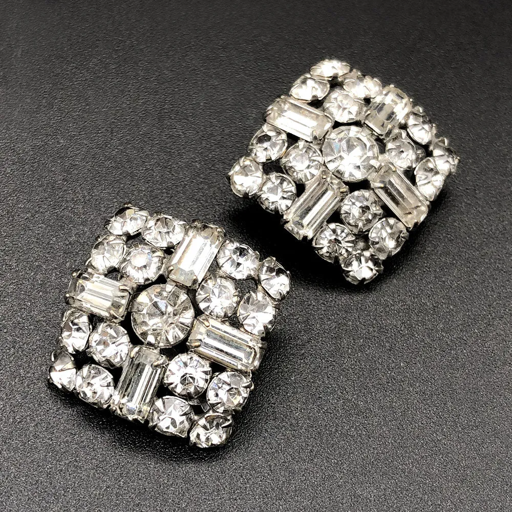 【USA輸入】ヴィンテージ クリアラインストーン スクエア イヤリング/Vintage Clear Rhinestones Clip On Earrings