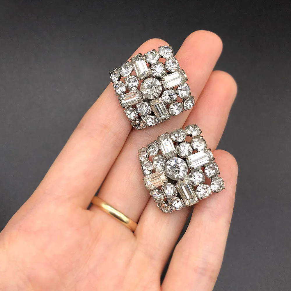 【USA輸入】ヴィンテージ クリアラインストーン スクエア イヤリング/Vintage Clear Rhinestones Clip On Earrings