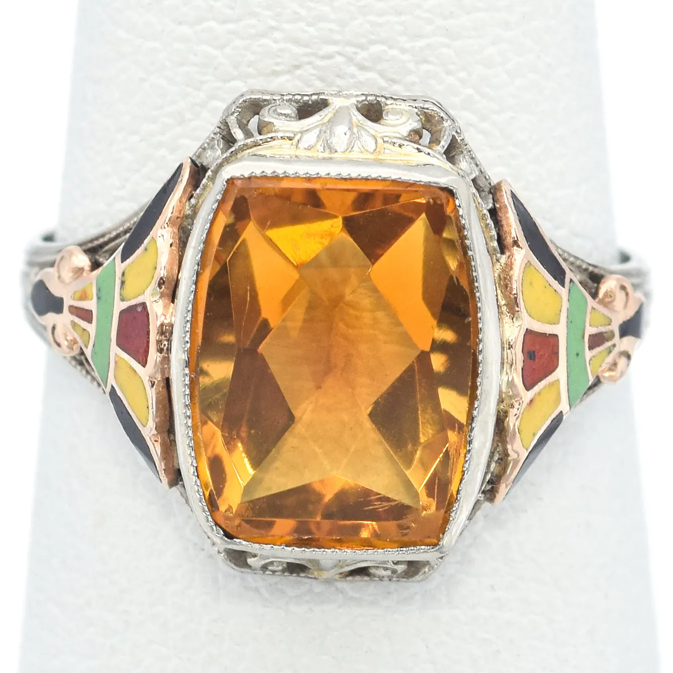 Vintage 10K White Gold 2.68 Ct Citrine Enamel Cocktail Ring Size 5.5