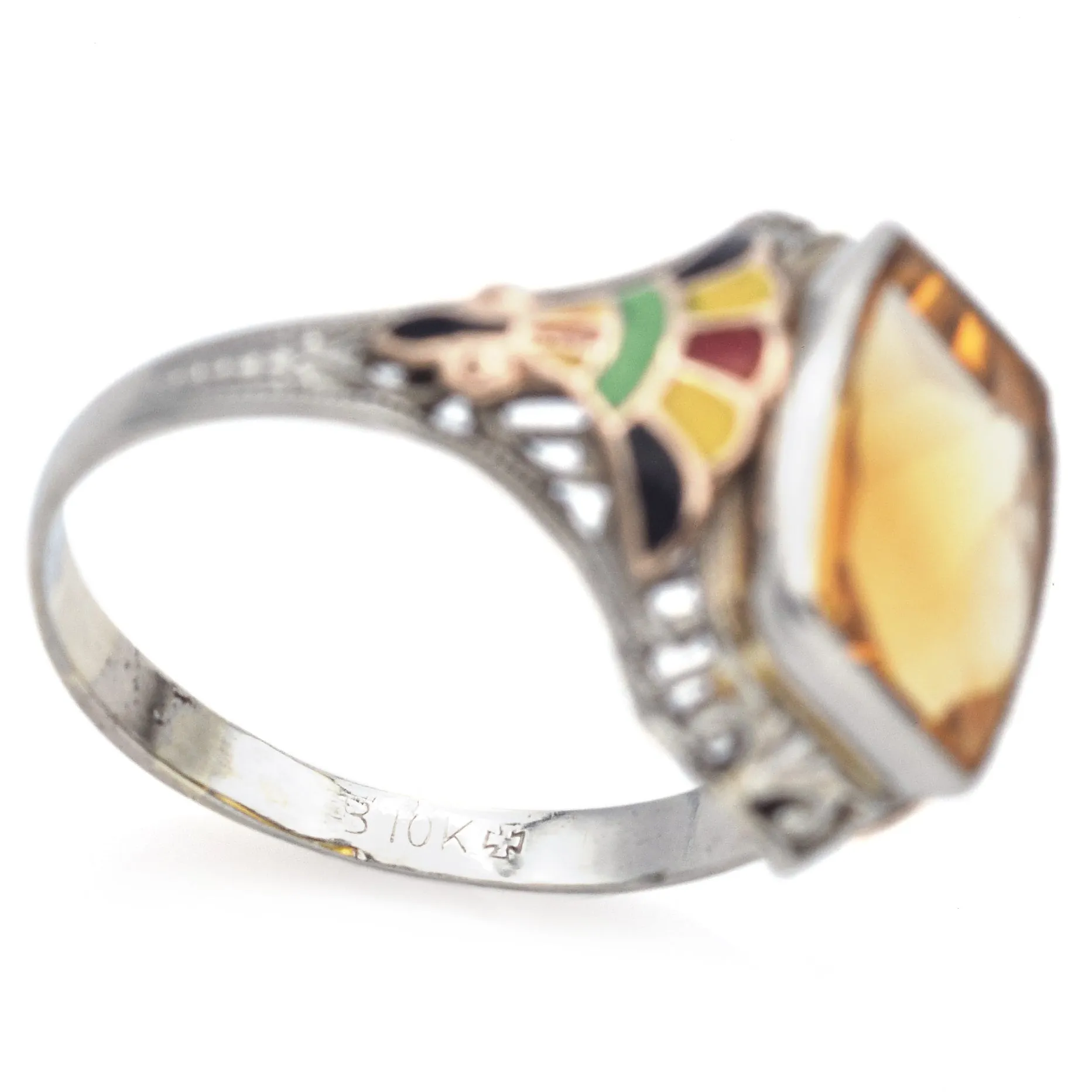 Vintage 10K White Gold 2.68 Ct Citrine Enamel Cocktail Ring Size 5.5