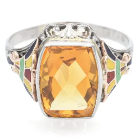 Vintage 10K White Gold 2.68 Ct Citrine Enamel Cocktail Ring Size 5.5