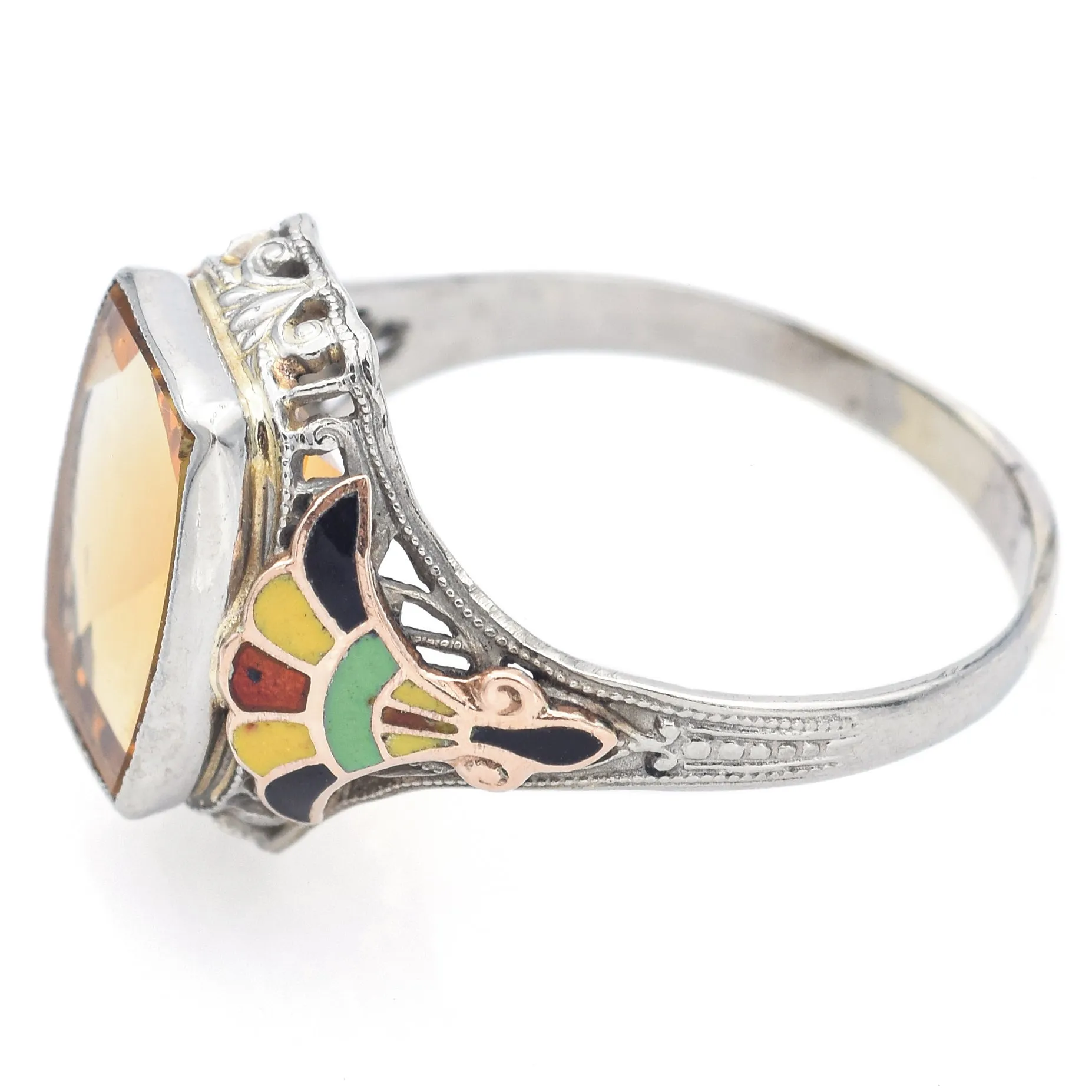 Vintage 10K White Gold 2.68 Ct Citrine Enamel Cocktail Ring Size 5.5