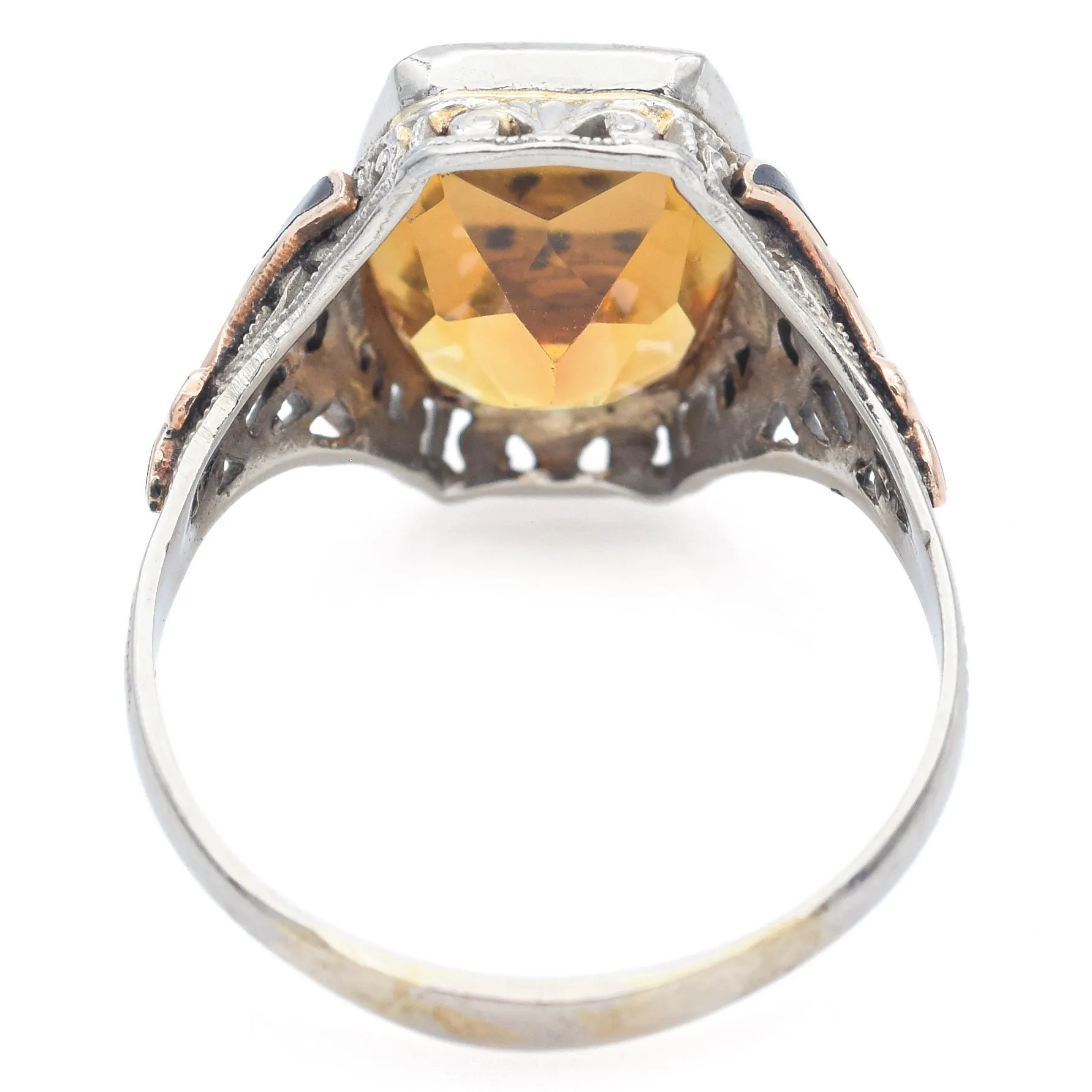 Vintage 10K White Gold 2.68 Ct Citrine Enamel Cocktail Ring Size 5.5