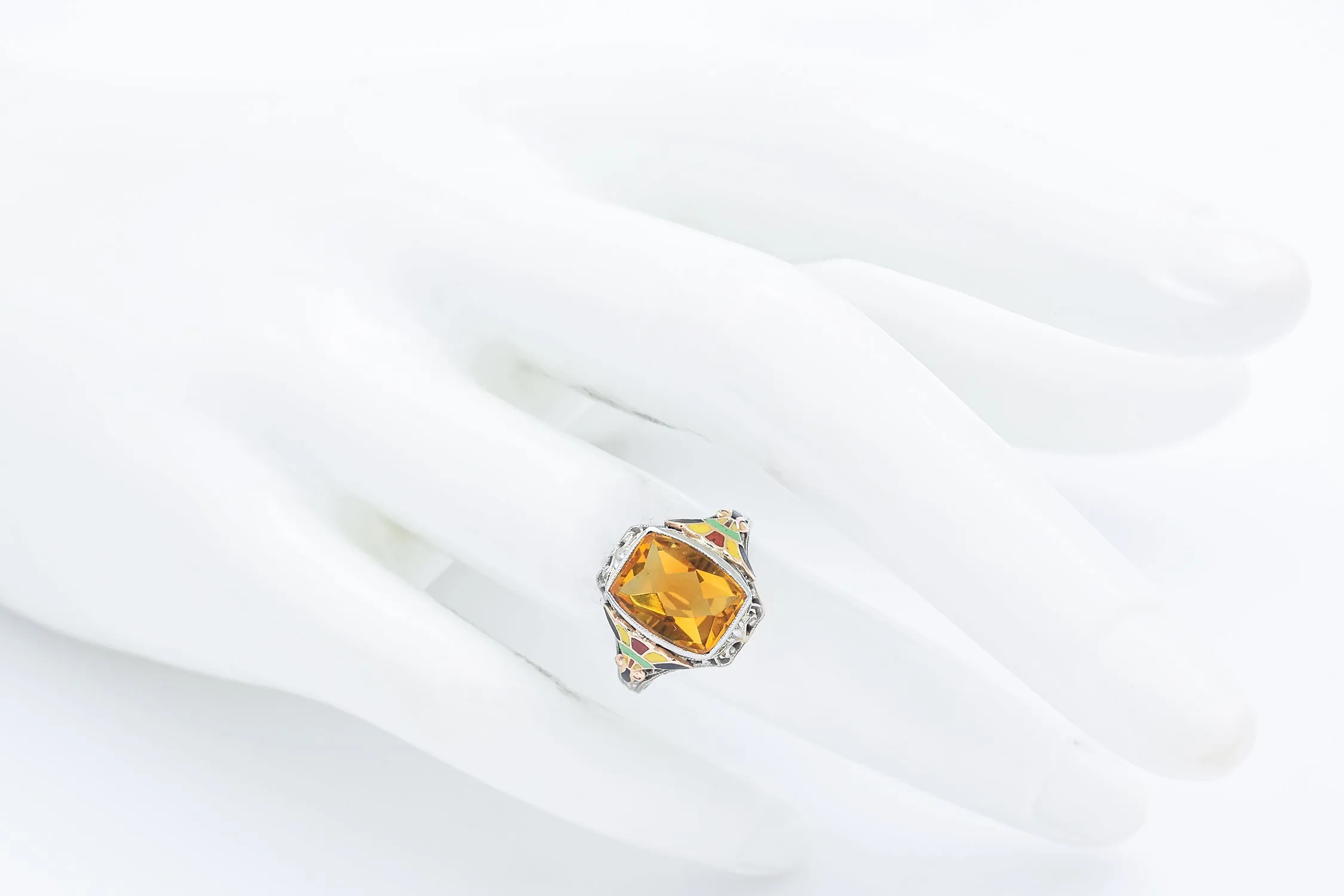 Vintage 10K White Gold 2.68 Ct Citrine Enamel Cocktail Ring Size 5.5