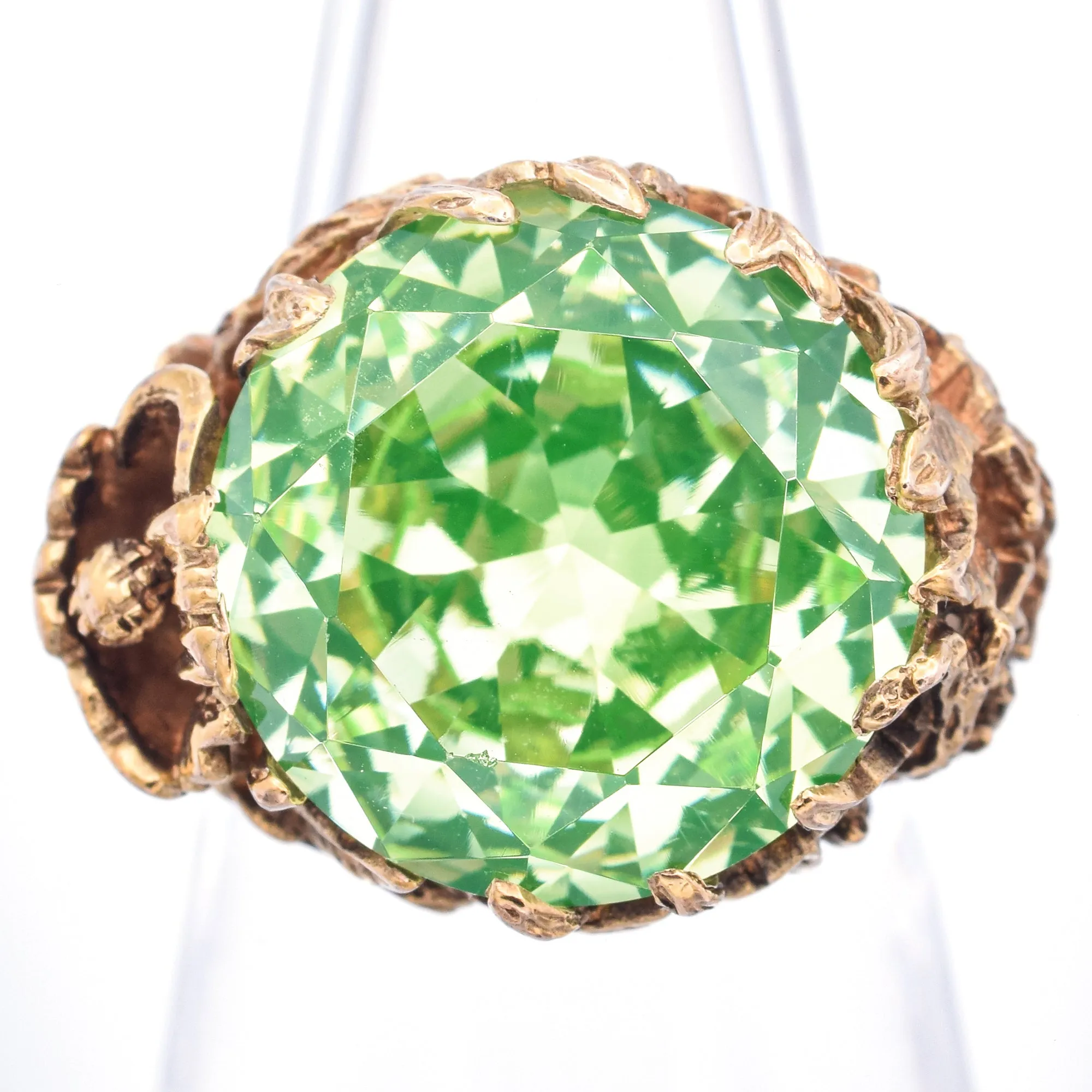 Vintage 10K Yellow Gold 30.08 Ct Round Uranium Glass Cocktail Ring Size 6