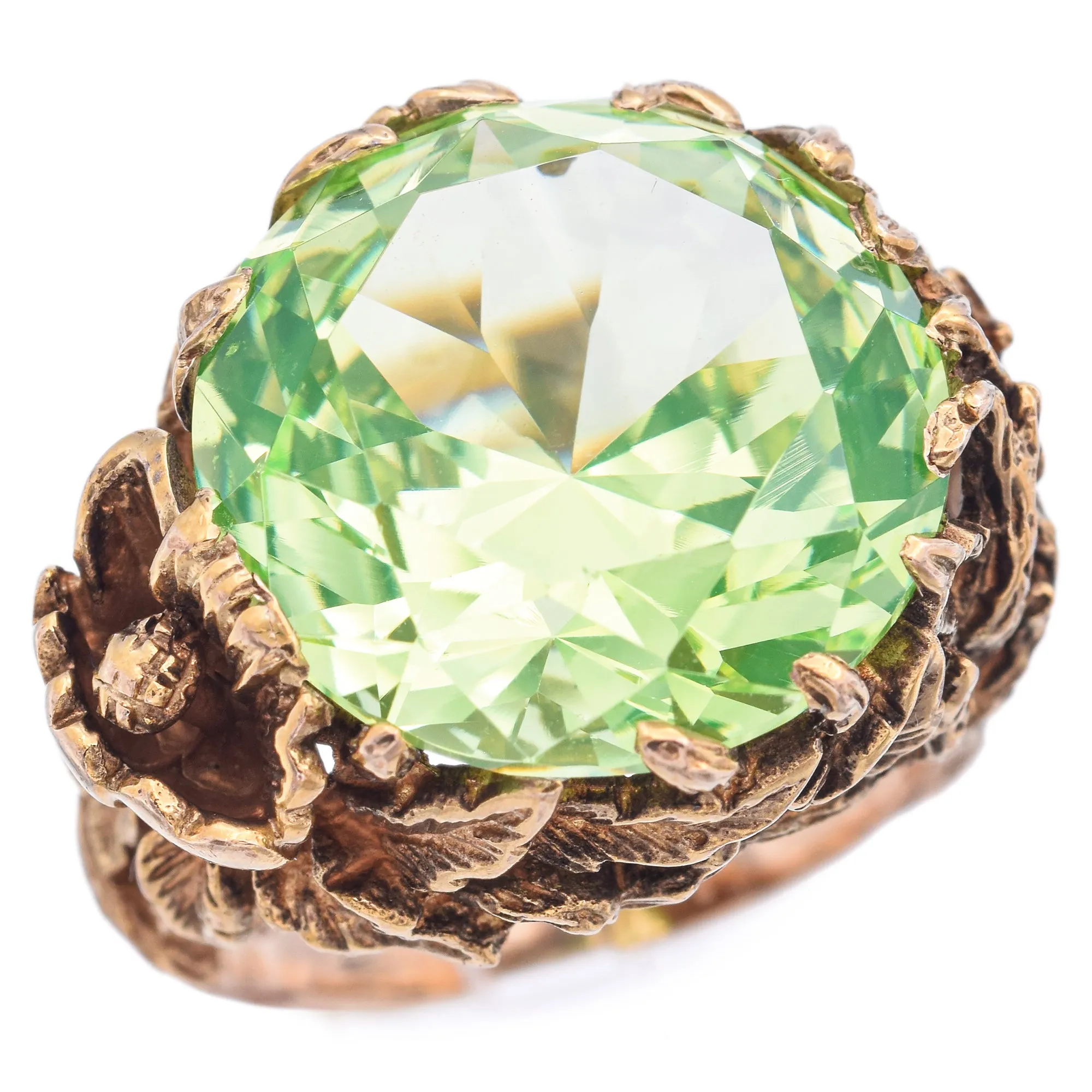 Vintage 10K Yellow Gold 30.08 Ct Round Uranium Glass Cocktail Ring Size 6