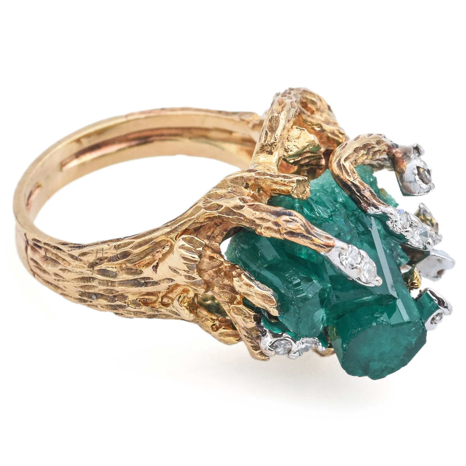 Vintage 13K Yellow Gold Raw Emerald and Diamond Cocktail Ring Size 6.5