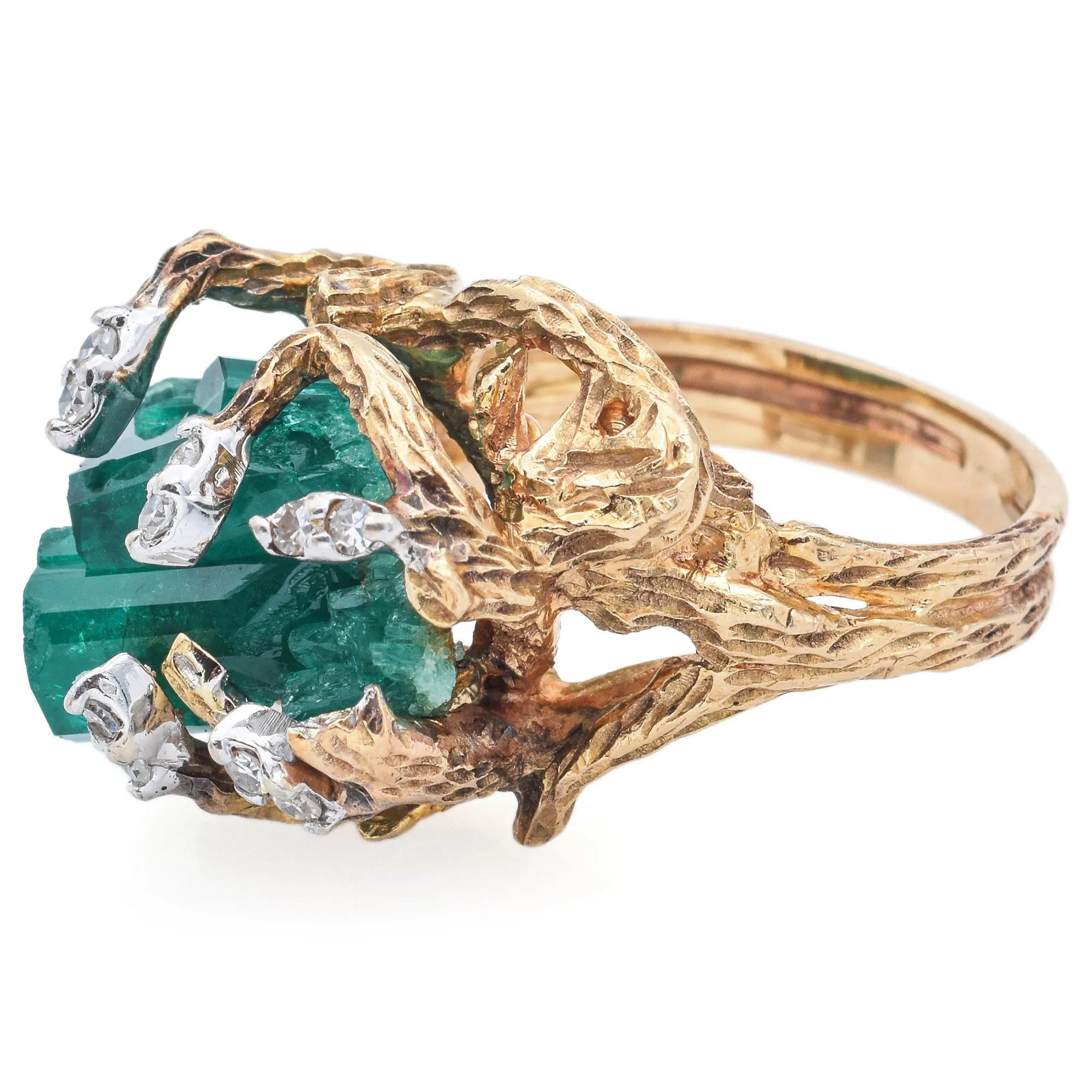 Vintage 13K Yellow Gold Raw Emerald and Diamond Cocktail Ring Size 6.5