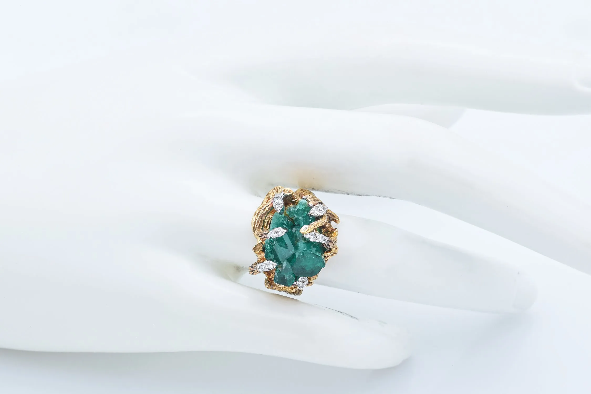 Vintage 13K Yellow Gold Raw Emerald and Diamond Cocktail Ring Size 6.5