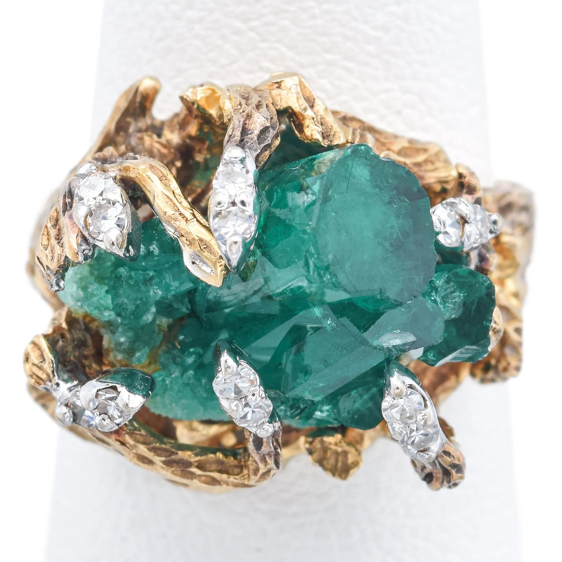 Vintage 13K Yellow Gold Raw Emerald and Diamond Cocktail Ring Size 6.5