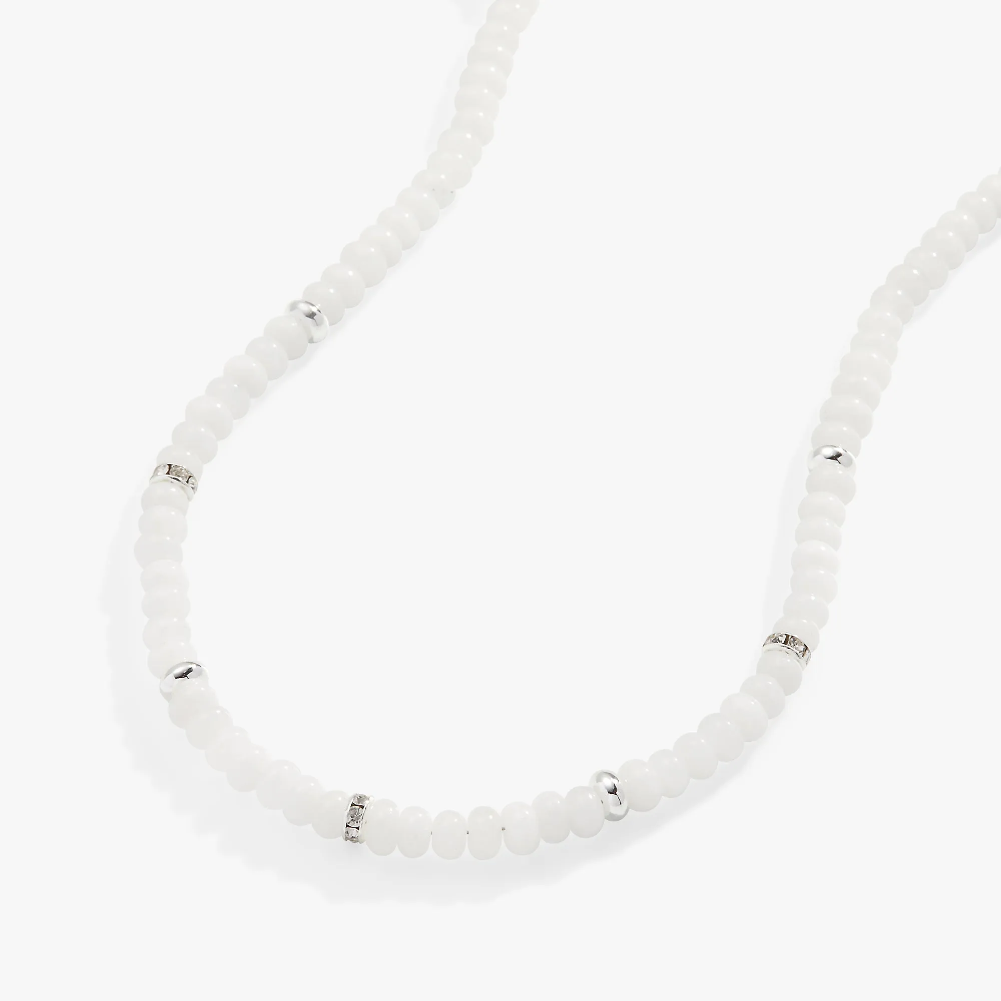 White Jade   Metal Pave Beaded Necklace, Adjustable